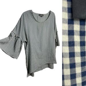 Suzanne Betro gingham / check print bell sleeve top blue & cream size L